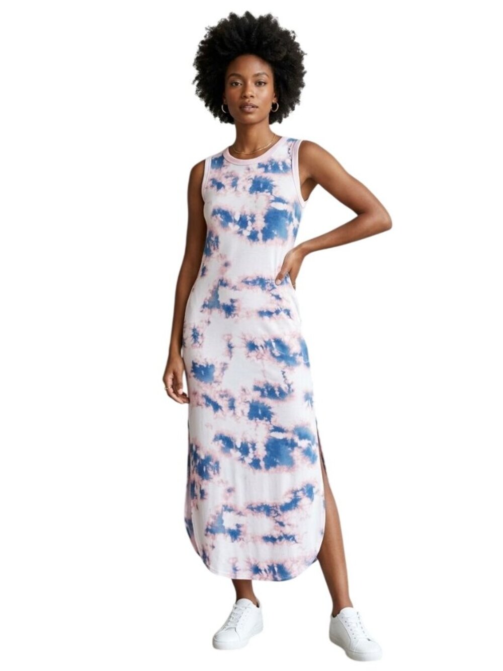 Lovely J Tank Dress Small Tie Dye Crewneck Sleeveless Side Slit Pink Blue Casual